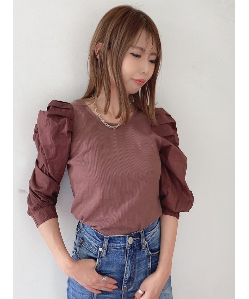 one way(ワンウェイ)の「袖ギャザートップス7分(Tシャツ/カットソー・レディース・ホワイト/ホワイト系その他/ブラック/ライトブラウン・FREE)」の7枚目の写真