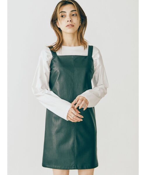 EVRIS(エヴリス)の「レザーライクジャンスカ(ワンピース・レディース・ブラック/グリーン/アイボリー・FREE)」の6枚目の写真