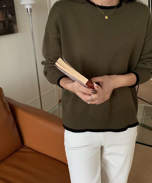 emi+(エミプラス)の「配色ラインニットプルオーバー(ニット/セーター・レディース・ブラック/ブラウン/グリーン/アイボリー/ボルドー/カーキ/グレー・FREE)」の6枚目の写真