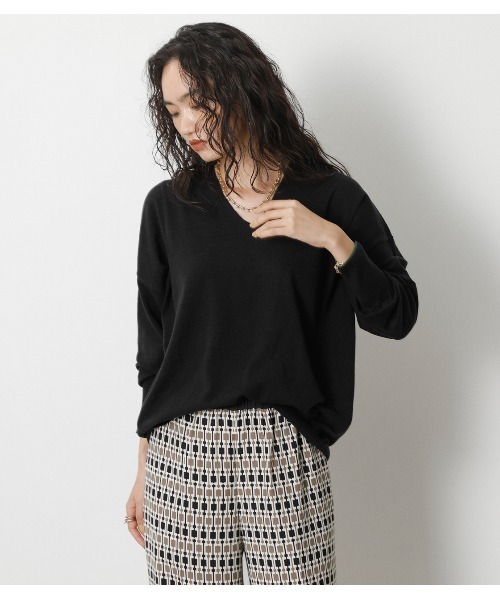 crie conforto（クリーコンフォルト）の「袖口ラインＶネックルーズニット（ニット/セーター・レディース・ブラック/グリーン/ライトベージュ・SMALL/MEDIUM）」の7枚目の写真