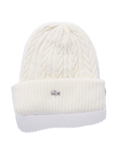 LACOSTE（ラコステ）の「LACOSTE/ラコステ ケーブル編み ニット帽（ニットキャップ/ビーニー・レディース・オフホワイト/ワインレッド・FREE）」の7枚目の写真