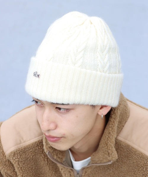 LACOSTE（ラコステ）の「LACOSTE/ラコステ ケーブル編み ニット帽（ニットキャップ/ビーニー・レディース・オフホワイト/ワインレッド・FREE）」の10枚目の写真