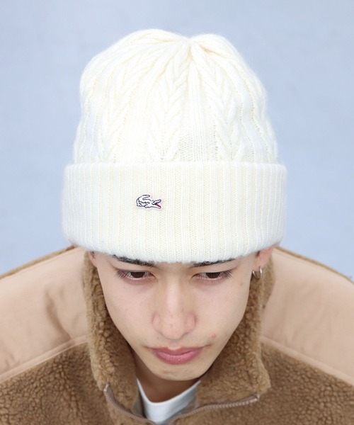 LACOSTE（ラコステ）の「LACOSTE/ラコステ ケーブル編み ニット帽（ニットキャップ/ビーニー・レディース・オフホワイト/ワインレッド・FREE）」の11枚目の写真