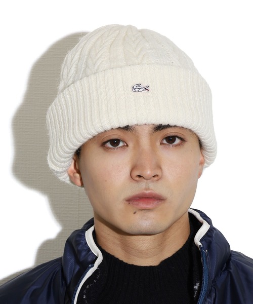 LACOSTE（ラコステ）の「LACOSTE/ラコステ ケーブル編み ニット帽（ニットキャップ/ビーニー・レディース・オフホワイト/ワインレッド・FREE）」の9枚目の写真