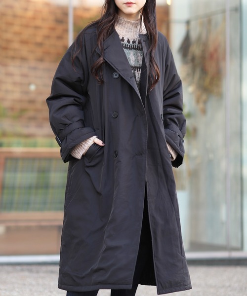 Monocoro toppi（モノコロトッピ）の「中綿入り キャンディースリーブ ノーカラー ロング トレンチコート（トレンチコート・レディース・ブラック/ベージュ/アイボリー・M/L）」の3枚目の写真