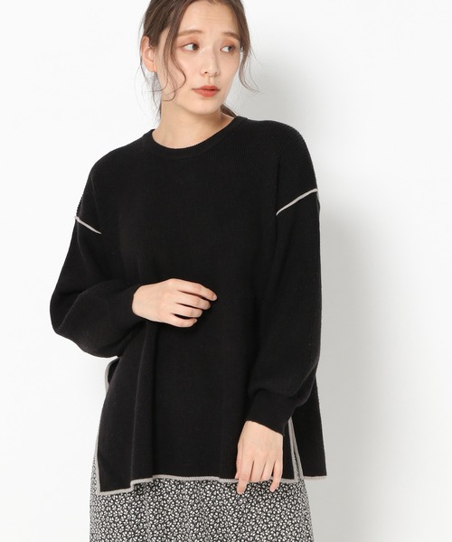 mysty woman(ミスティウーマン)の「配色パイピングニット 261345(ニット/セーター・レディース・ブラック/ライトベージュ/グリーン系・FREE)」の1枚目の写真
