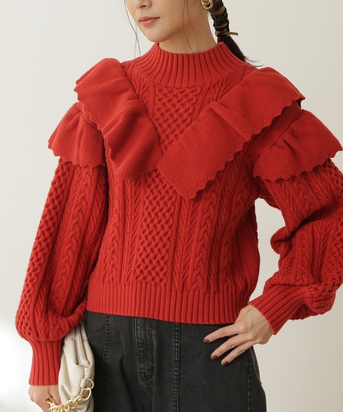 N.（N. Natural Beauty Basic）（エヌエヌナチュラルビューティーベーシック）の「◆フリル付ケーブルニット（ニット/セーター・レディース・レッド/オフホワイト/ライトブルーグレー・MEDIUM）」の9枚目の写真