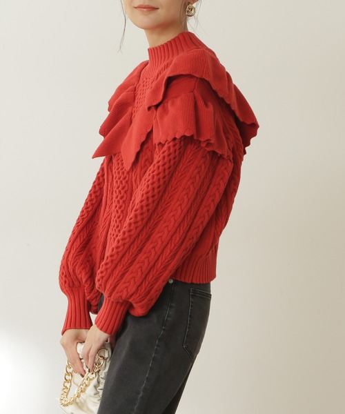 N.（N. Natural Beauty Basic）（エヌエヌナチュラルビューティーベーシック）の「◆フリル付ケーブルニット（ニット/セーター・レディース・レッド/オフホワイト/ライトブルーグレー・MEDIUM）」の5枚目の写真