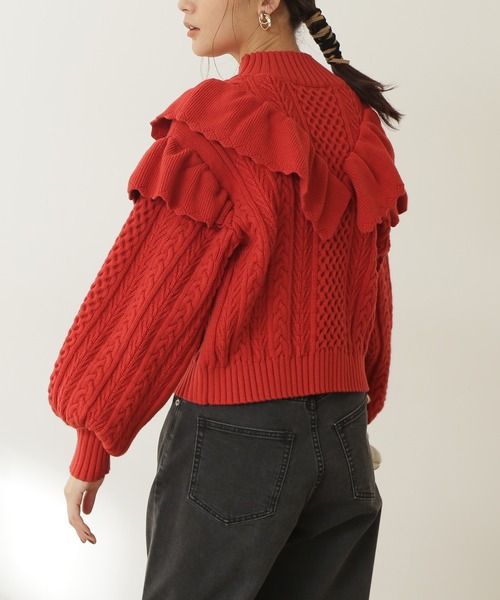 N.（N. Natural Beauty Basic）（エヌエヌナチュラルビューティーベーシック）の「◆フリル付ケーブルニット（ニット/セーター・レディース・レッド/オフホワイト/ライトブルーグレー・MEDIUM）」の7枚目の写真