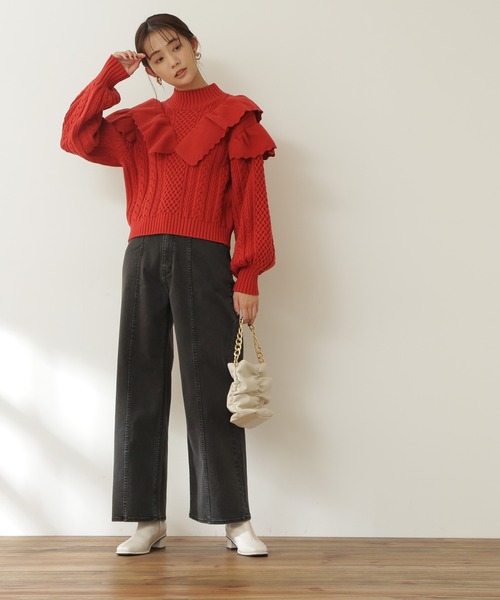 N.（N. Natural Beauty Basic）（エヌエヌナチュラルビューティーベーシック）の「◆フリル付ケーブルニット（ニット/セーター・レディース・レッド/オフホワイト/ライトブルーグレー・MEDIUM）」の10枚目の写真