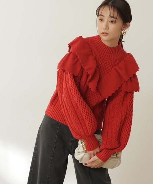 N.（N. Natural Beauty Basic）（エヌエヌナチュラルビューティーベーシック）の「◆フリル付ケーブルニット（ニット/セーター・レディース・レッド/オフホワイト/ライトブルーグレー・MEDIUM）」の22枚目の写真