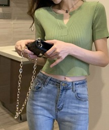 Vネックリブショートニットプルオーバー