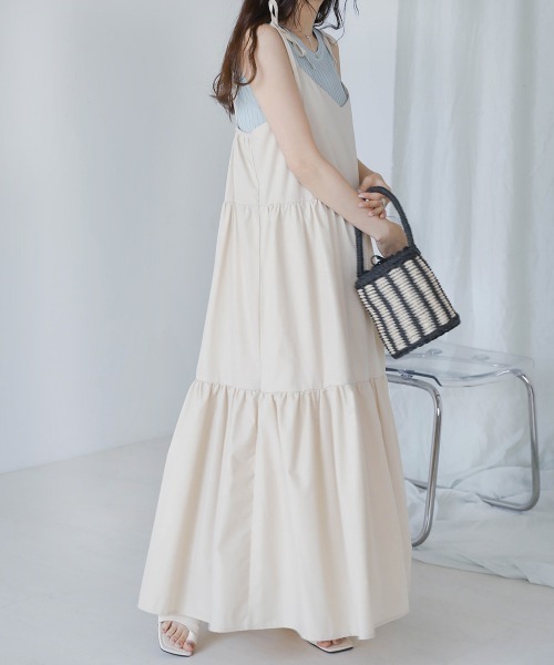 Bab（バブ）の「リボンストラップティアードワンピース（ワンピース・レディース・チャコールグレー/ライトブルー/ベージュ/サーモンピンク・M）」の8枚目の写真