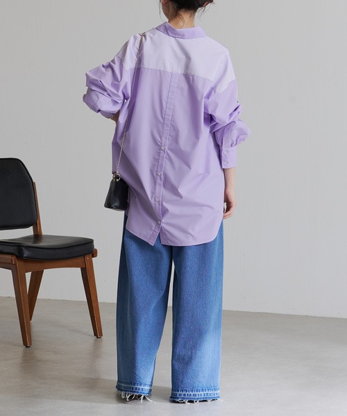COLLAGE GALLARDAGALANTE（コラージュガリャルダガランテ）の「360度抜かりなし/バックボタン袖ギャザーシャツ（シャツ/ブラウス・レディース・ホワイト/パープル/ネイビー・FREE）」の6枚目の写真