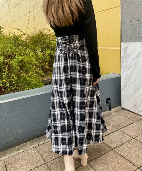 abc une face（アーベーセーアンフェイス）の「チェックドッキングワンピース（ワンピース・レディース・ホワイト/ブラック/ダークブラウン・FREE）」の15枚目の写真