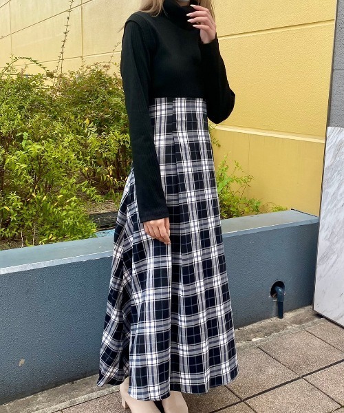 abc une face（アーベーセーアンフェイス）の「チェックドッキングワンピース（ワンピース・レディース・ホワイト/ブラック/ダークブラウン・FREE）」の13枚目の写真