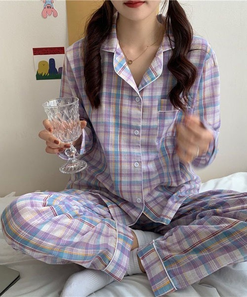 gossip！ロサンゼルス（ゴシップロサンゼルス）の「レディース チェック柄ルームウェアパジャマ 上下セットアップ 2点セット（ルームウェア/パジャマ・レディース・パープル/グリーン/カーキ・FREE）」の3枚目の写真