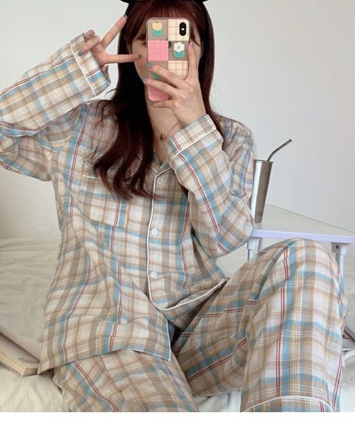 gossip！ロサンゼルス（ゴシップロサンゼルス）の「レディース チェック柄ルームウェアパジャマ 上下セットアップ 2点セット（ルームウェア/パジャマ・レディース・パープル/グリーン/カーキ・FREE）」の4枚目の写真