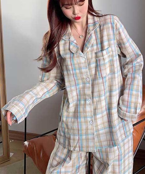 gossip！ロサンゼルス（ゴシップロサンゼルス）の「レディース チェック柄ルームウェアパジャマ 上下セットアップ 2点セット（ルームウェア/パジャマ・レディース・パープル/グリーン/カーキ・FREE）」の6枚目の写真