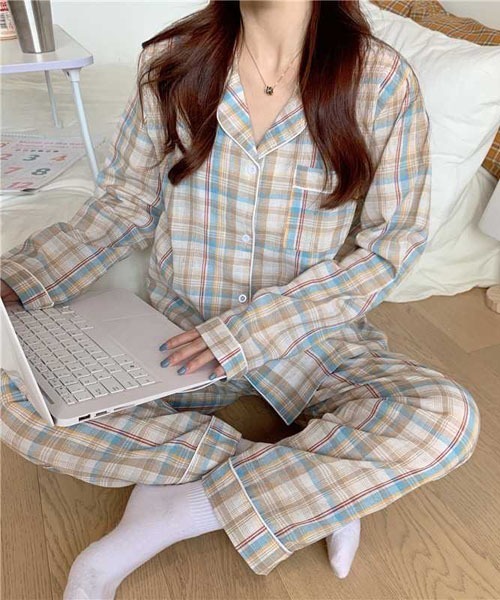 gossip！ロサンゼルス（ゴシップロサンゼルス）の「レディース チェック柄ルームウェアパジャマ 上下セットアップ 2点セット（ルームウェア/パジャマ・レディース・パープル/グリーン/カーキ・FREE）」の7枚目の写真