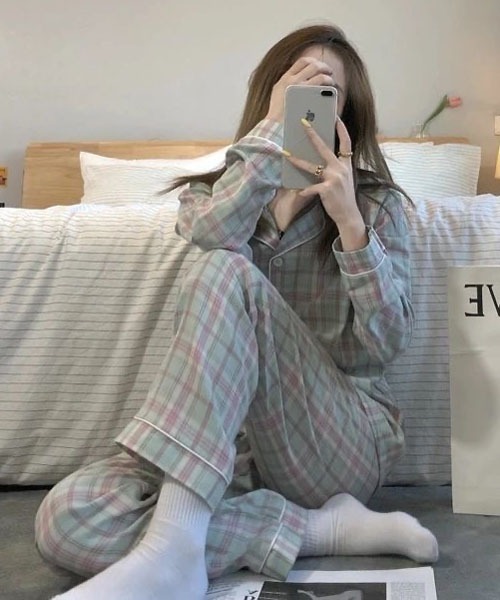 gossip！ロサンゼルス（ゴシップロサンゼルス）の「レディース チェック柄ルームウェアパジャマ 上下セットアップ 2点セット（ルームウェア/パジャマ・レディース・パープル/グリーン/カーキ・FREE）」の10枚目の写真