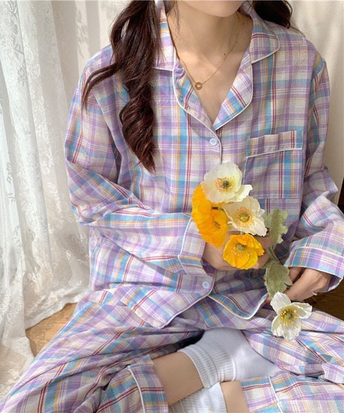 gossip！ロサンゼルス（ゴシップロサンゼルス）の「レディース チェック柄ルームウェアパジャマ 上下セットアップ 2点セット（ルームウェア/パジャマ・レディース・パープル/グリーン/カーキ・FREE）」の15枚目の写真