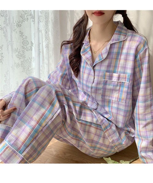 gossip！ロサンゼルス（ゴシップロサンゼルス）の「レディース チェック柄ルームウェアパジャマ 上下セットアップ 2点セット（ルームウェア/パジャマ・レディース・パープル/グリーン/カーキ・FREE）」の16枚目の写真