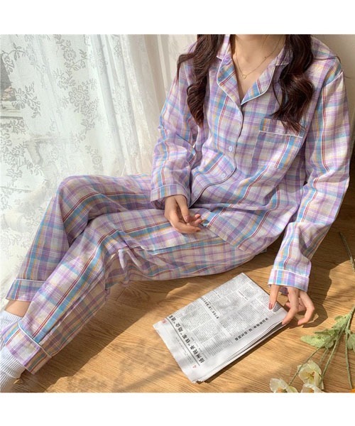 gossip！ロサンゼルス（ゴシップロサンゼルス）の「レディース チェック柄ルームウェアパジャマ 上下セットアップ 2点セット（ルームウェア/パジャマ・レディース・パープル/グリーン/カーキ・FREE）」の17枚目の写真