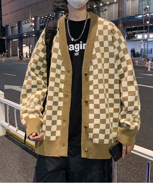 STATUS（ステイタス）の「韓国 ファッション ストリート ブランド STATUS チェック柄 ドロップショルダーカーディガン ユニセックス（カーディガン/ボレロ・メンズ・ベージュ/グリーン/ブラック・FREE）」の11枚目の写真