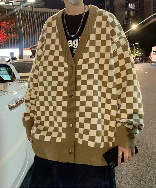 STATUS（ステイタス）の「韓国 ファッション ストリート ブランド STATUS チェック柄 ドロップショルダーカーディガン ユニセックス（カーディガン/ボレロ・メンズ・ベージュ/グリーン/ブラック・FREE）」の12枚目の写真