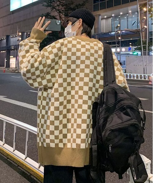 STATUS（ステイタス）の「韓国 ファッション ストリート ブランド STATUS チェック柄 ドロップショルダーカーディガン ユニセックス（カーディガン/ボレロ・メンズ・ベージュ/グリーン/ブラック・FREE）」の14枚目の写真