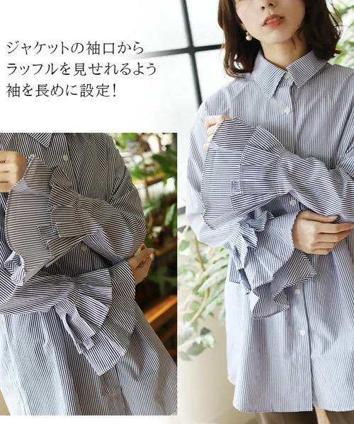 REAL CUBE(リアルキューブ)の「ラッフルスリーブブラウス(シャツ/ブラウス・レディース・オフホワイト/サックスブルー/ネイビー×ホワイト・M)」の9枚目の写真