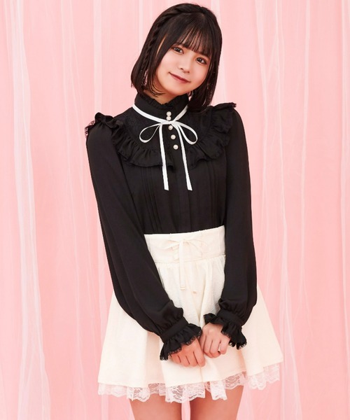 Secret Honey（シークレットハニー）の「レースヨークスタンドカラーブラウス（シャツ/ブラウス・レディース・ブラック/オフホワイト・MEDIUM）」の7枚目の写真