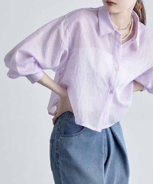 ETRE TOKYO - 美品★エトレトウキョウ　シアーストライプ　グロップド丈ブラウス シャツ　ショート ETRE TOKYO（エトレトウキョウ） シアーストライプヘンリー
