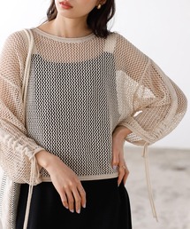 袖シャーリングメッシュニット