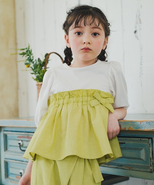 BRANSHES（ブランシェス）の「ペプラムデザイン6分袖Tシャツ（Tシャツ/カットソー・キッズ・ライム/ブルー・100/120/130/150/140/110）」の2枚目の写真