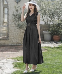Julia Boutique | バックルベルト付きデニムフレアワンピース/23097(ワンピース)