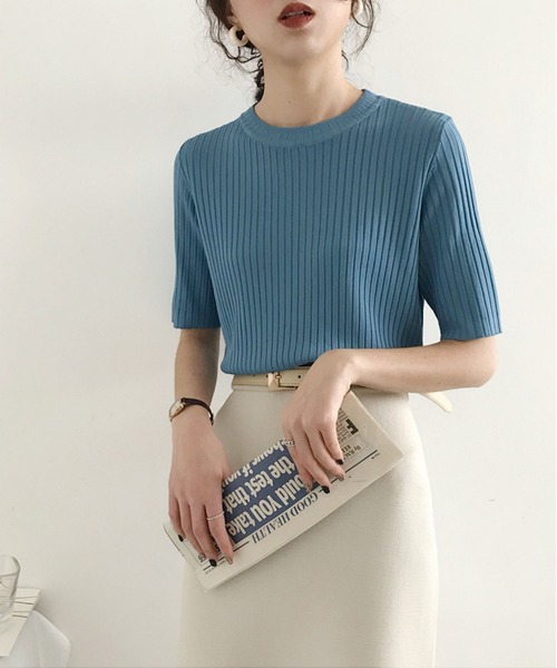 LOPASS(ロパス)の「涼感ニット半袖Tシャツ(Tシャツ/カットソー・レディース・グリーン/ピンク/ブラック/ホワイト/ブルー・FREE)」の5枚目の写真