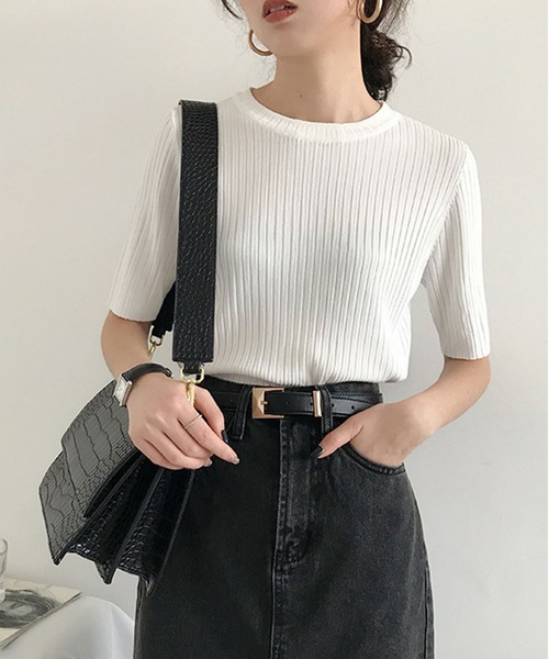 LOPASS(ロパス)の「涼感ニット半袖Tシャツ(Tシャツ/カットソー・レディース・グリーン/ピンク/ブラック/ホワイト/ブルー・FREE)」の6枚目の写真