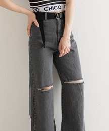 ベルト付きダメージデニムワイドパンツ