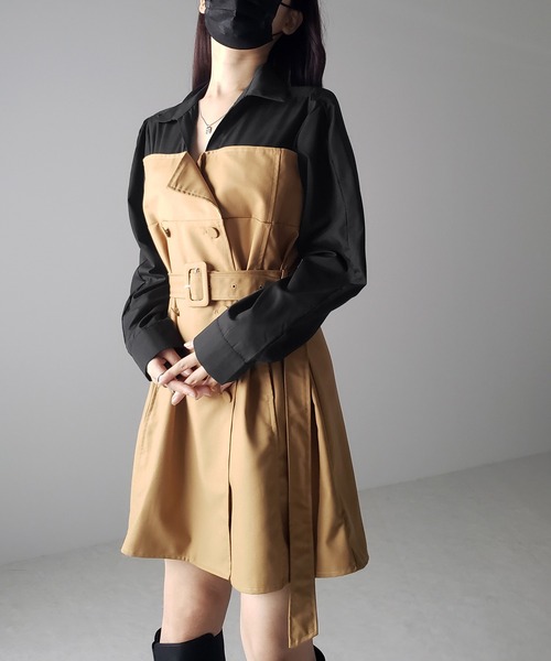 me+em select（ミームセレクト）の「※※【 ２color 】バイカラーシャツドッキングトレンチミニワンピース（ワンピース・レディース・グレー/ベージュ・FREE）」の13枚目の写真