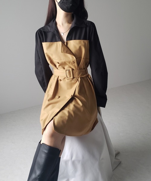 セール】【 2color 】バイカラーシャツドッキングトレンチミニ