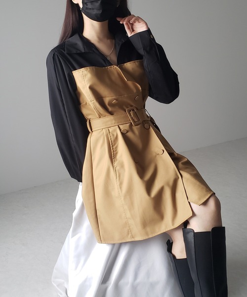 me+em select（ミームセレクト）の「※※【 ２color 】バイカラーシャツドッキングトレンチミニワンピース（ワンピース・レディース・グレー/ベージュ・FREE）」の16枚目の写真