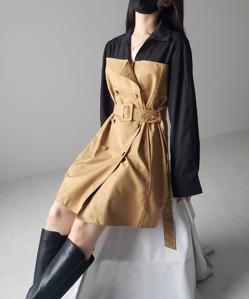 me+em select（ミームセレクト）の「※※【 ２color 】バイカラーシャツドッキングトレンチミニワンピース（ワンピース・レディース・グレー/ベージュ・FREE）」の17枚目の写真
