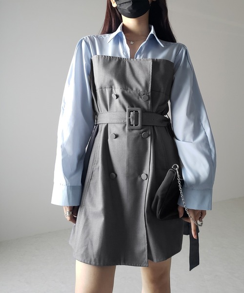 me+em select（ミームセレクト）の「※※【 ２color 】バイカラーシャツドッキングトレンチミニワンピース（ワンピース・レディース・グレー/ベージュ・FREE）」の4枚目の写真
