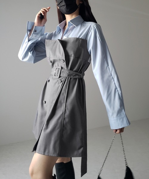 me+em select（ミームセレクト）の「※※【 ２color 】バイカラーシャツドッキングトレンチミニワンピース（ワンピース・レディース・グレー/ベージュ・FREE）」の7枚目の写真