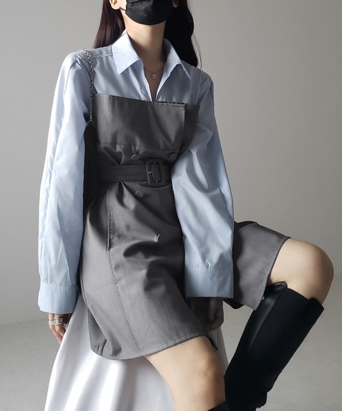 me+em select（ミームセレクト）の「※※【 ２color 】バイカラーシャツドッキングトレンチミニワンピース（ワンピース・レディース・グレー/ベージュ・FREE）」の9枚目の写真