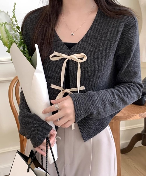 セール】ダブルリボンクロップカーディガン（カーディガン/ボレロ  