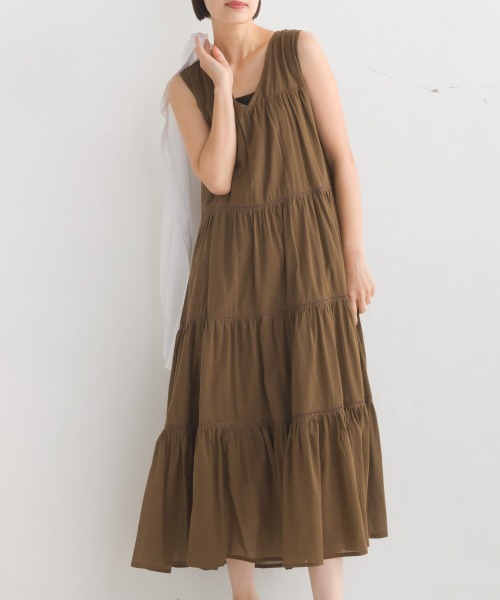 SLOW 23区　コットンワンピース　ティアード　ノースリーブ　ブラウン　M trim_ofcrs_item4a101742604611e