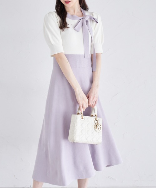 tocco closet(トッコ クローゼット)の「サイドボウタイリボン配色ニットワンピース(ワンピース・レディース・ラベンダー/ネイビー・M)」の13枚目の写真